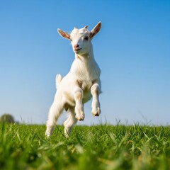 Obraz premium Cute Baby Goat Jumping Playfully in Green Pasture