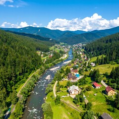 Mountain valley town by river
