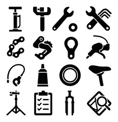 Obraz premium Bicycle repair silhouette icon set: pump, wrench, chain, saddle, pedal, gears, brake, lubricant