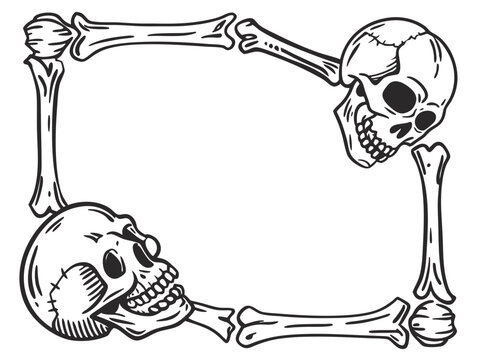 Hand-drawn bones border with skulls in a gothic style for Halloween decoration
