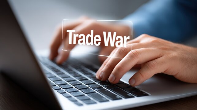 Trade War Concept with Hands Typing on Laptop Keyboard Detail - Powered by Adobe
