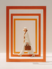 Woman Walking Through Orange Square Frames