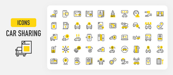 Set of Car sharing vector stroke icons. such as Speed Limit, Parking Lot, Search, Driving License, Car Key, Car Sharing, Phone, Pay, Files, Reject, Hand, Gas Station, User, Search illustration.	
