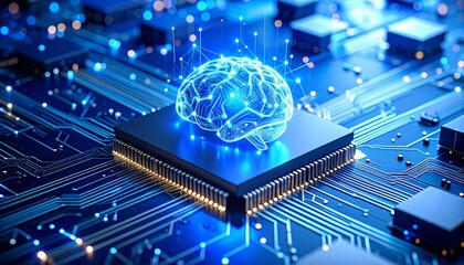 Artificial intelligence AI neural network digital brain machine deep learning processing big data analysis technology connection mining chipset on Circuit board futuristic. 3d rendering.
