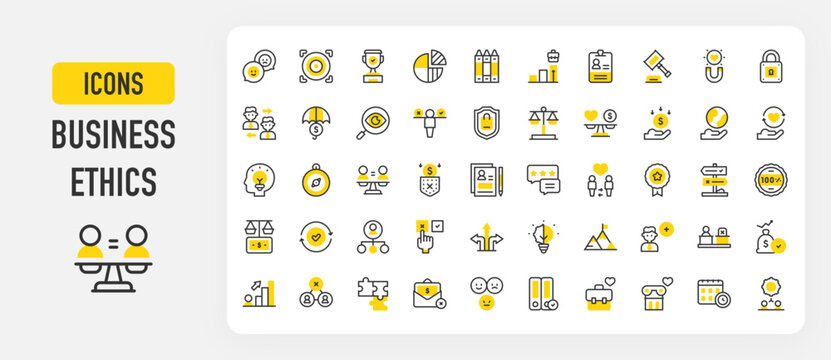 Set of Business ethics vector stroke icons. such as Feedback, Absence, Badge, Investition, Decisions, Badge, Search, Equality, Check, Promotion, Award, Puzzle, Team, Incorporation illustration.	
