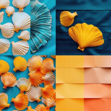 A vibrant collage featuring seashells in varying shades of yellow and orange against a teal backdrop, complemented by textured paper swatches in analogous warm tones