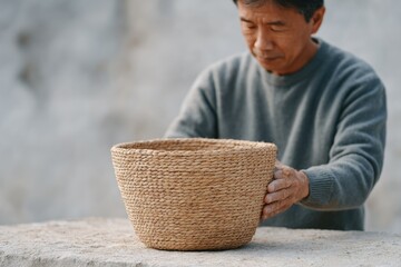 solitary artisan hand weaving traditional basket from natural materials with ample clean image background for text