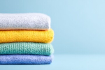 stack of neatly folded recycled clothes on plain background