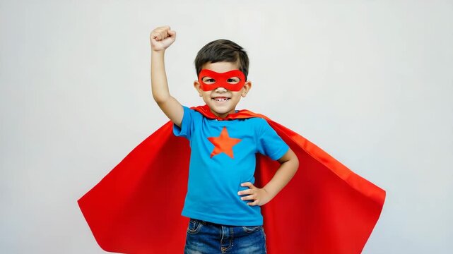 Happy Asian Kid in Superhero Costume with Red Cape and Mask Posing Confidently, striking in a hero pose against a white background.