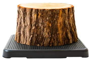 Heavy wooden tree stump balancing on a black fitness platform isolated with transparent background