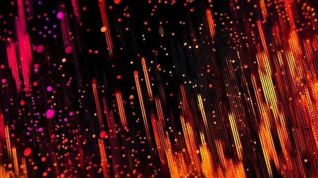 Digital pixel data patterns create vibrant orange and pink visual display against a black background, showcasing abstract design and movement