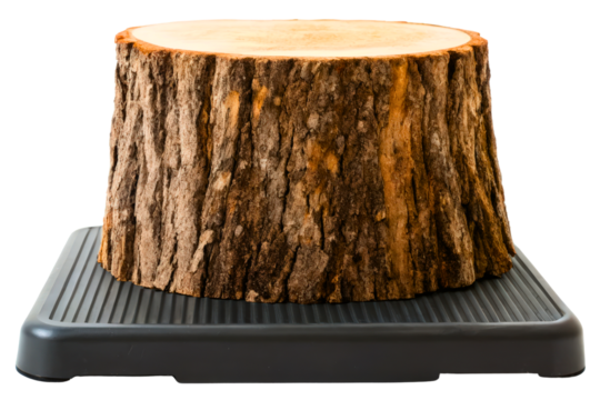 Heavy wooden tree stump balancing on a black fitness platform isolated with transparent background