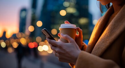 Closeup of hands holding a phone and a coffee cup in a city at dusk, with a bokeh background of skyscrapers and a shallow depth of field, creating a blurry urban scene.