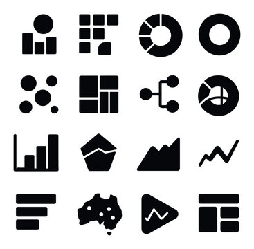 Data analytics silhouette icon set. including bar chart, pie chart, scatter plot, line graph, dashboard, and more.