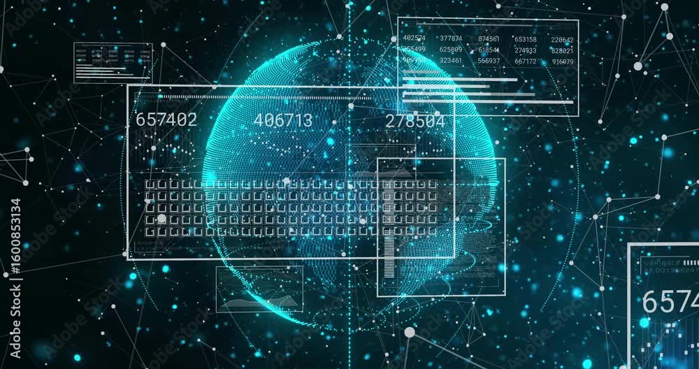 Poster fading-in rotating holographic globe visualizing global data panels updating numbers over network
