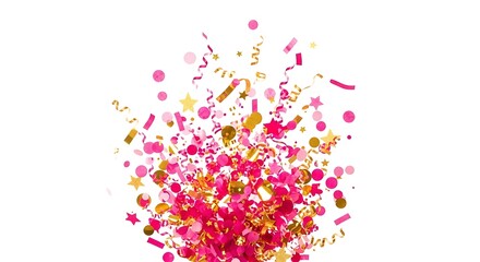 Festive explosion of pink and gold confetti, streamers, and stars on white background to celebrate special occasions with happiness.