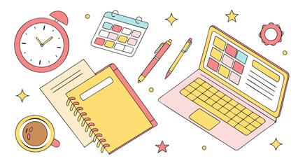 Illustration of a desk with laptop, notebook, calendar, alarm clock and coffee cup in pastel colors