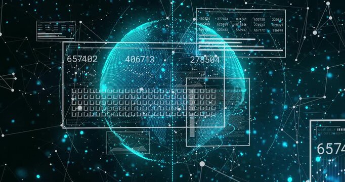 Fading-in rotating holographic globe visualizing global data panels updating numbers over network - Powered by Adobe