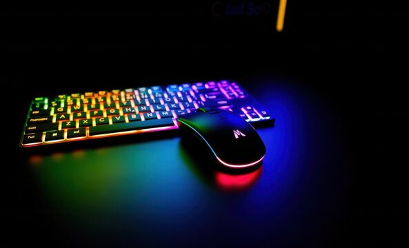 Keyboard and mouse with colorful lighting on a dark surface Vibrant Rim Light technology vibrant background colorful modern