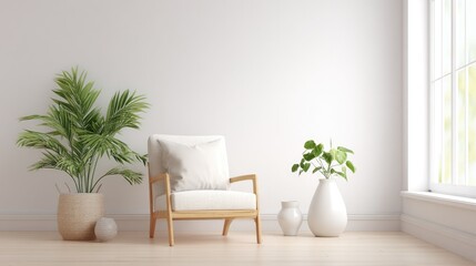 create clean minimalistic photo showcasing living room corner with fresh decor elements such as houseplants and simple