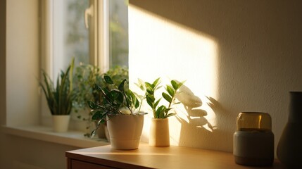 create clean minimalistic photo showcasing living room corner with fresh decor elements such as houseplants and simple
