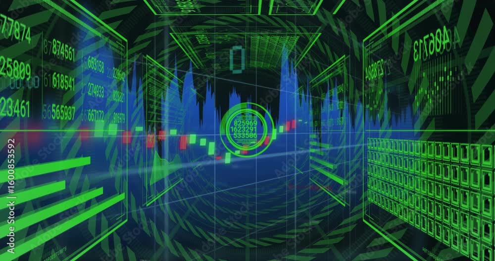 Poster as wireframe tunnel appearing, hud reticle updating real-time data with candlestick chart advancing