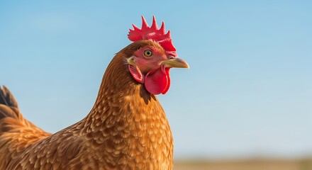 Close-up Brown Chicken Against Clear Blue Sky: Portrait of a Domestic Fowl in Natural Light.
