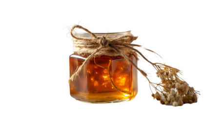 Honey jar with rustic twine and dried flowers on transparent background