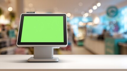 Touchscreen checkout terminal with blank green display on counter in modern retail store, perfect for point-of-sale mockups, cashier interface templates and shopping visuals