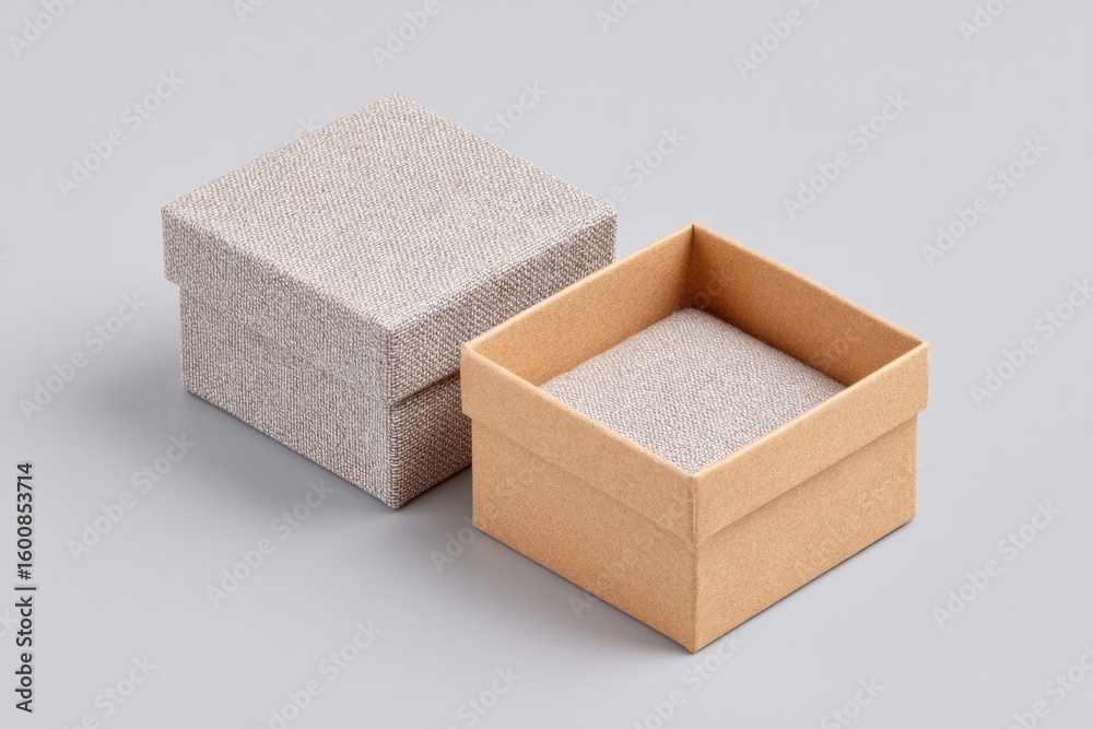 Poster flat lay of custom printed box label and open lid showing folded item space to left