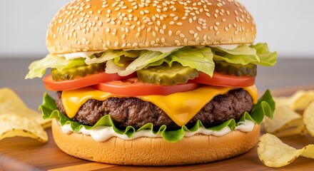 Delicious Loaded Burger on Wooden Board: Juicy Patty, Cheese, Tomatoes, Pickles, and Lettuce for Food Photography.
