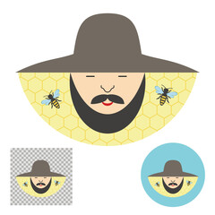 Vector illustration of beekeeper in hat with bees flying nearby. Minimalistic illustration of beekeeper with mustache and beard in uniform.