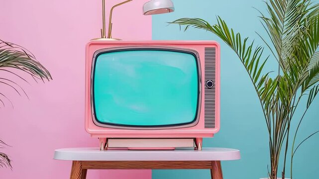 Retro television with vibrant background and palm accents for nostalgic decor concepts