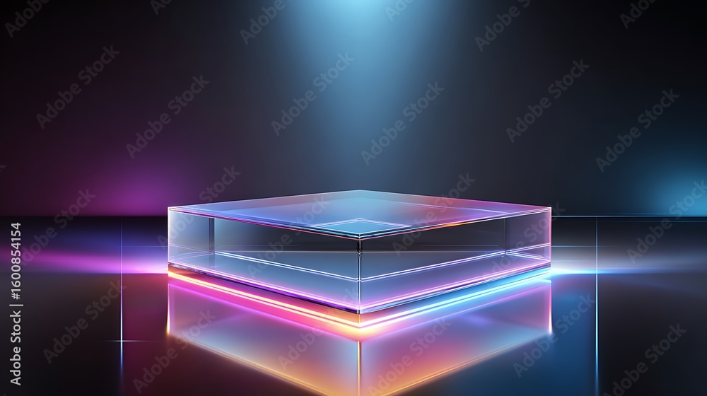 Fototapete abstract geometric cube illuminated by colorful neon lights in a futuristic setting with a reflectiv