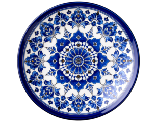 Turkish ceramic plate with intricate blue Iznik patterns, isolated on a transparent background