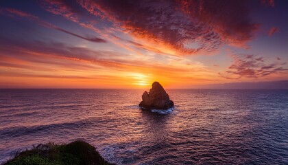 a solitary rock formation emerges from a fiery orange sea beneath a vibrant sunset streaked with wispy cirrus clouds