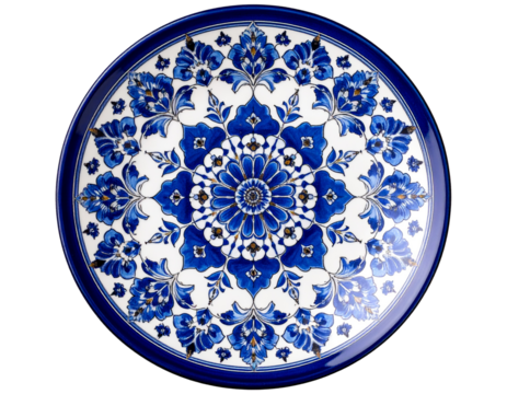 Turkish ceramic plate with intricate blue Iznik patterns, isolated on a transparent background