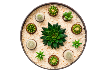 Small succulent garden composition in a planter with white sand isolated with transparent background