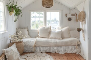 Cozy white cottage interior with daybed and pillows, creating a charming and inviting atmosphere