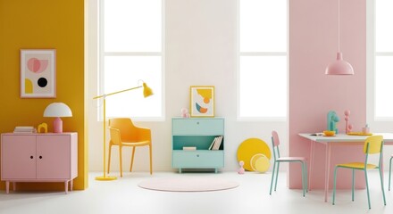 Pastel interior design with yellow pink and blue furniture in a modern styled room setting scene