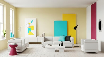 Fototapeta premium A bright living room with white furniture and colorful accents and geometric art on the walls