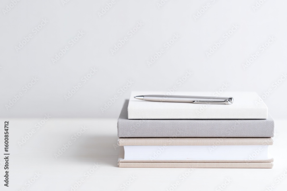 Poster minimalistic desk setup with collection of neatly stacked notebooks and simple pen emphasizing clean