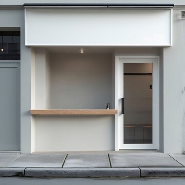 A professional photo of a minimalistic small coffee shop front featuring a white blank name board with a subtle wood grain texture, matte light gray walls, a single glass door.