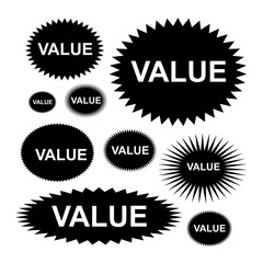 Set of Black Starburst Badge Labels with 'VALUE' Text – Isolated Promotional Graphics for Marketing and Retail Design