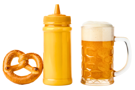 Mug of frothy beer with a soft pretzel and mustard bottle isolated with transparent background - Powered by Adobe