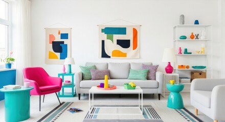 A bright living room with colorful accents and modern art on the wall and a grey couch present