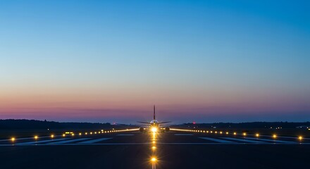 Airplane on Runway at Twilight: Preparing for Takeoff with Illuminated Guide Lights and Calm Sky.