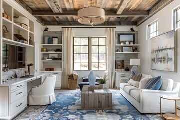 Elegant home office interior with custom cabinets, stylish desk, and comfortable seating area