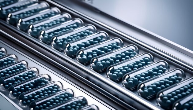 gelatin capsules entering mechanical guide rails before being filled
