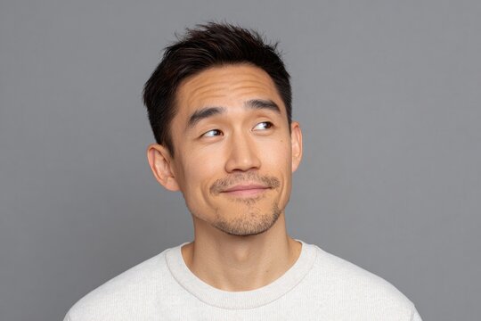 portrait of east asian man glancing sideways with raised eyebrows and small smile neutral backdrop and soft light